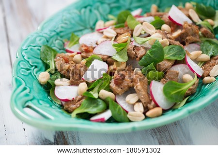Salad with radish, roasted meat, corn salad leaves and peanuts