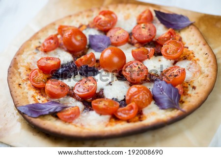 Pizza with mozzarella, tomatoes and purple basil, studio shot