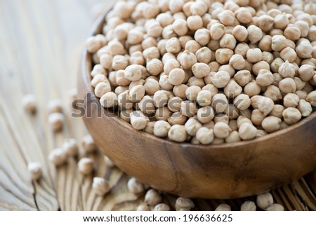 Close-up of raw chickpeas in a wooden bowl, horizontal shot