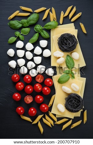 Variety of traditional italian ingredients, above view
