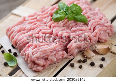 Raw ground meat with various spices, horizontal shot