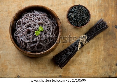 Japanese noodles made from black rice, studio shot, above view