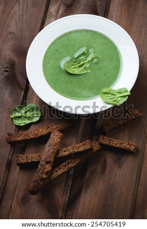Spinach soup with croutons, studio shot, selective focus