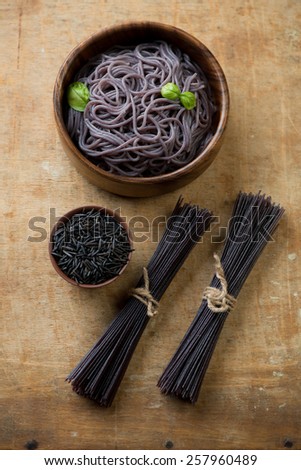 Black rice vermicelli, high angle view, studio shot