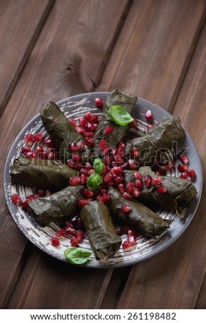 Plate with dolmades or grape leaves stuffed with rice and meat