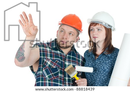 Brawny building contractor and female architect discussing the project of a future residential house, white background