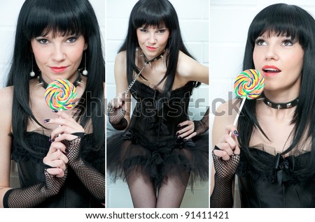 Sensual dark-haired young woman in corset holding a lollipop, collage