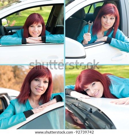 Young red-haired woman in a car outdoors, collage