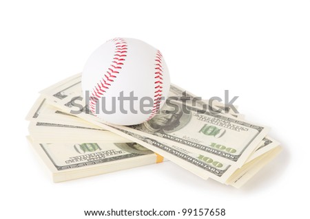 Baseball on top of stacks of cash, isolated on white