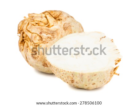 Full and half of celery root isolated on white background