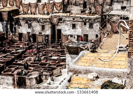 Tanneries of Fes, Morocco, AfricaOld tanks of the Fez\'s tanneries with color paint for leather, Morocco, Africa
