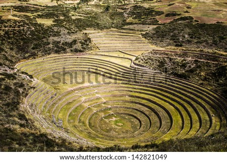 Peru, Moray, ancient Inca circular terraces. Probable there is the Incas laboratory of agriculture
