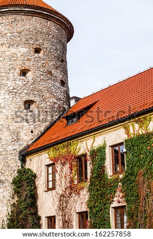 View of Pieskowa Skala Castle and garden, medieval building near Krakow, Poland