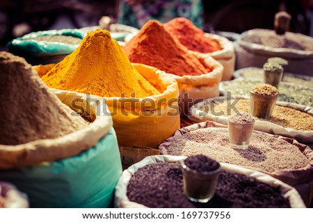 Indian Colored Spices At Local Market.