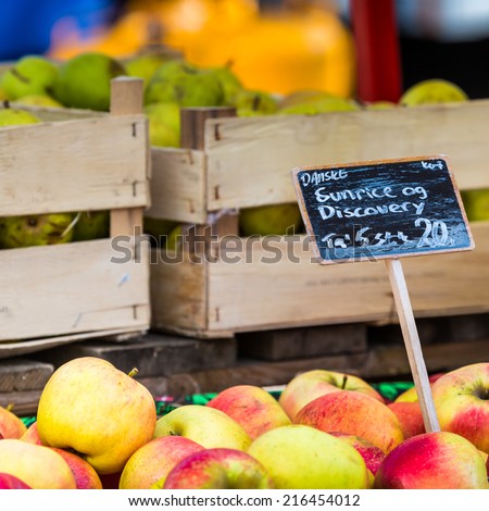 Green and red apples in local market in Copenhagen,Denmark.