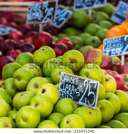 Green and red apples in local market in Copenhagen,Denmark.