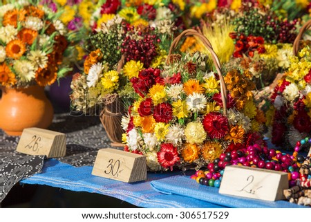 Various Dried and Colored Plants and Flowers for Home Decoration, Sold in the Street Market inSuwalki, Poland.