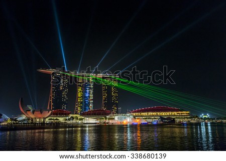 MARINA BAY SANDS, SINGAPORE NOVEMBER 05, 2015: Beautiful laser show at the Marina Bay waterfront, Singapore on November 05, 2015