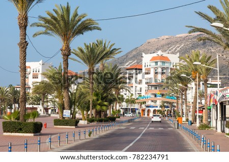 AGADIR, MOROCCO - DECEMBER 15, 2017 :Agadir seafront promenade, is a major city in Morocco located on the shore of the Atlantic Ocean, near the Atlas Mountains.