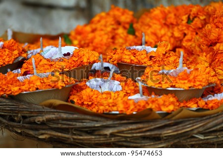 floral arrangment for holi festival and religious offerings in india.