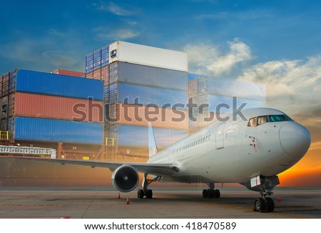 double exposure of air cargo freighter and cargo ship