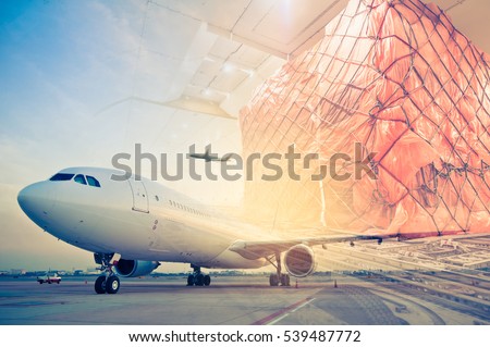double exposure of air cargo freighter, retro vintage filter effect