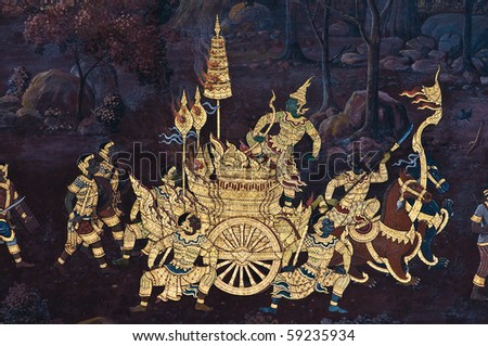 Thai Mural of Ramayana in temple, no potential trademark or copyright infringement in this photo