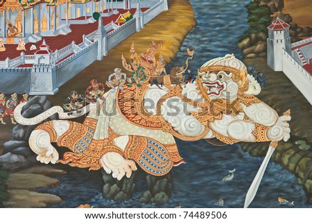 masterpiece of traditional Thai style painting art old about Ramayana story on temple wall,Thailand