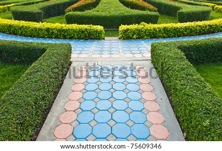Brick walkway in garden