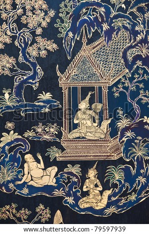 masterpiece of traditional Thai style painting art old about Ramayana story on temple wall,Thailand