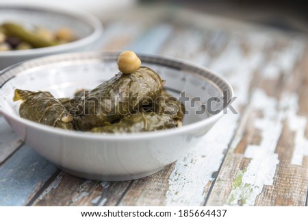 Stuffed Grape Leaves with hummus and beans salad