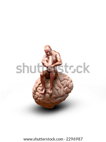 Sick man thinking and sitting on his brain on white