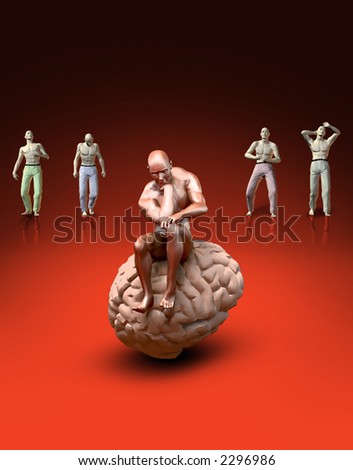 Sick man thinking and sitting on his brain with some sick people in the background