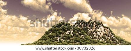 Big mountain with tree forest and cloudy sky