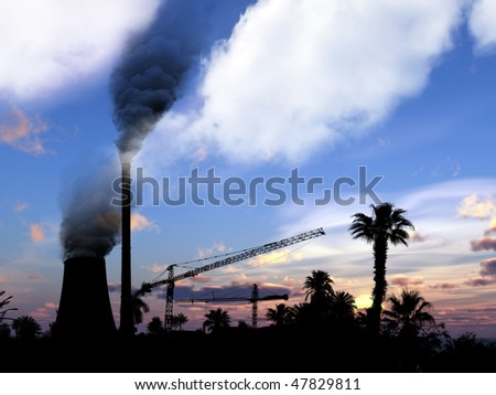 Building pollution and killing nature - factory chimneys and construction cranes in the middle of nature.