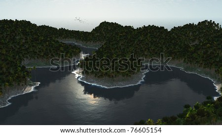 Tropical island with palm trees in the middle of mountains with palm trees - Three Dimension render