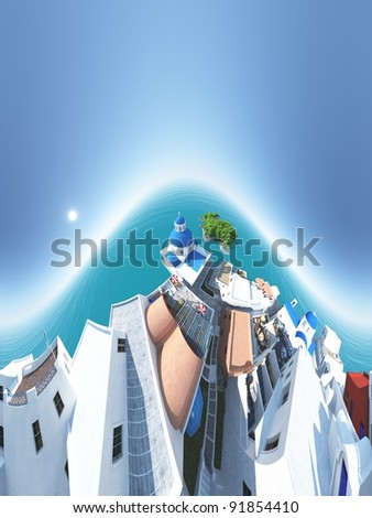 Panoramic view of the blue church in the Greek island Santorini - 3d illustration