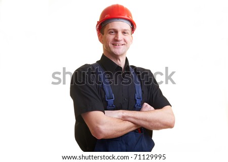 Portrait of worker in red hard hat isolated on white