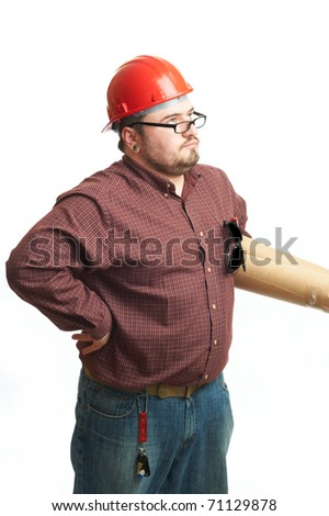 Serious builder in glasses and red hard hat with engineering drawing isolated on white