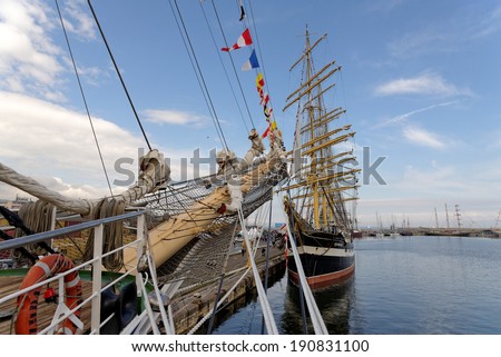 VARNA, BULGARIA - APRIL 30, 2014: Varna is a host of the prestigious international maritime event for a second time - the SCF Black Sea Tall Ships Regatta. The Russian \