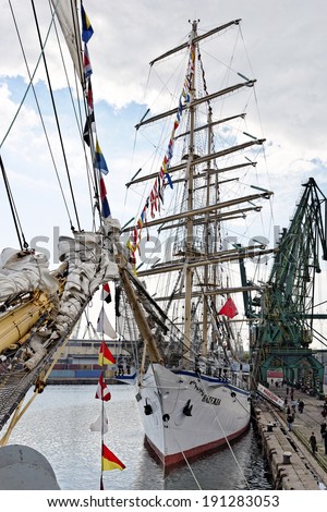 VARNA, BULGARIA - APRIL 30, 2014: Varna is a host of the prestigious international maritime event for a second time - the SCF Black Sea Tall Ships Regatta. Crew of the Russian ship \