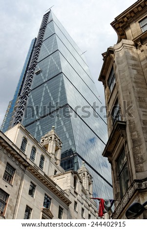 LONDON, UK - JULY 1, 2014: The famous office building - The Cheesegrater (Leadenhall Building) in the City of London, one of the leading centers of global finance.