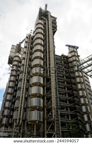 LONDON, UK - JULY 1, 2014: The Lloyd\'s Building, also known as The Inside-Out Building, home of insurance institution Lloyd of London. Like Pompidou Centre in Paris Lloyd was designed by Rogers 1986.