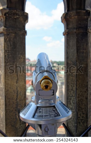 Coin operated spyglass on the City hall tower, Prague, Chech