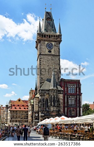PRAGUE, CZECH REPUBLIC - JULY 3, 2014: The Old Town Hall with its tall Gothic tower in the Old Town Square.