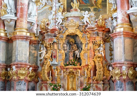 STEINGADEN, GERMANY - AUGUST 11, 2015: Interior of Wieskirche - the famous pilgrimage Church of the Scourged Saviour near Steingaden in Bavaria,Germany - an UNESCO world heritage site.