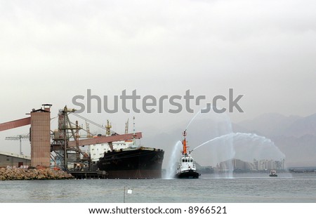 Ship shooting water jets