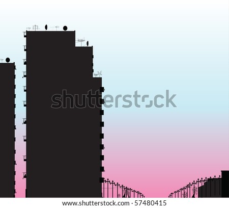 Evening city black on a pink blue and white background a sunset a decline of a wire columns balconies linen