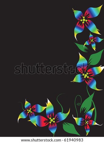 Black background with a framework of multicolored colors with leaves a rainbow