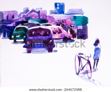 Abstract Watercolor background, bike and city traffic